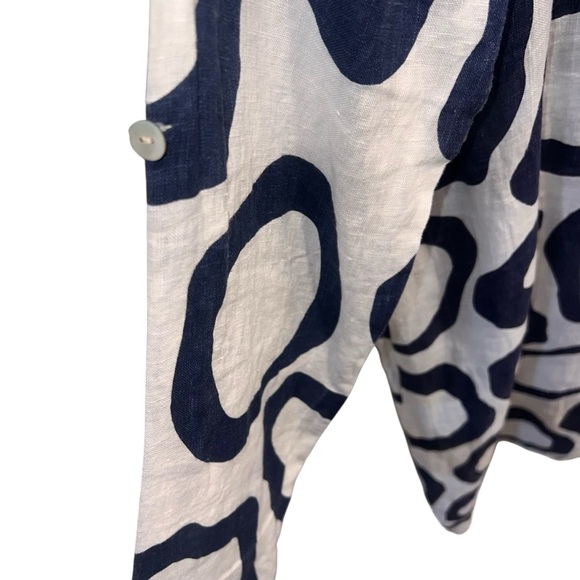 EUC Kaktus 100% Italian Linen White Navy Abstract Dress Small Oversized Pockets - Picture 4 of 6